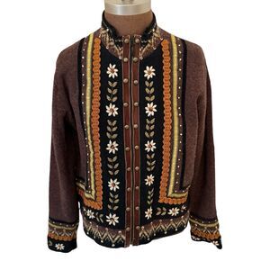 ORVIS Scandinavian Folk Art Cardigan Jacket Full Zip Brown Woman’s Size Small